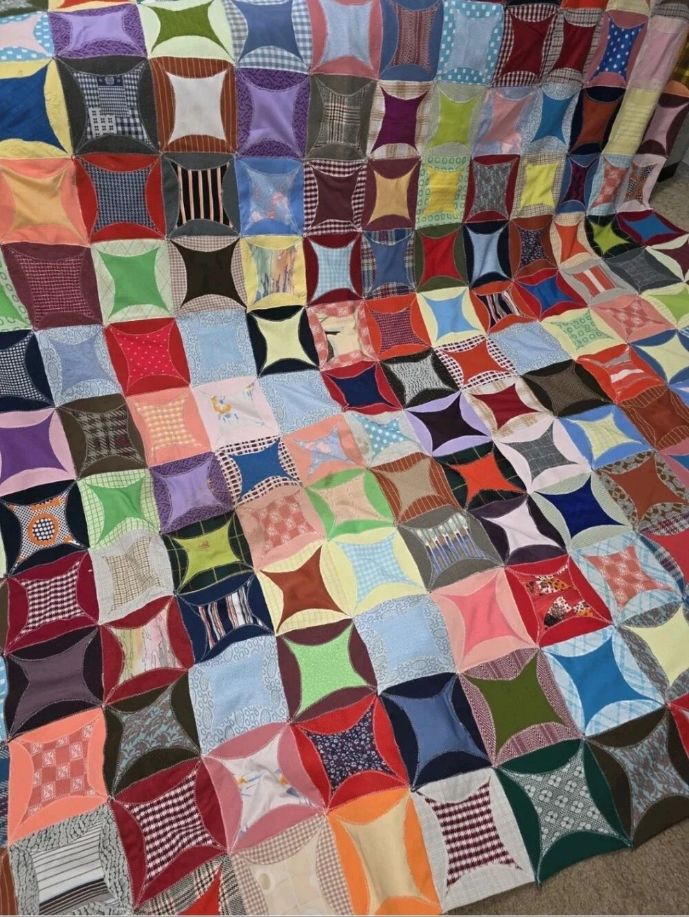 Vintage Handmade Cathedral Windows Reversible Patchwork Quilt